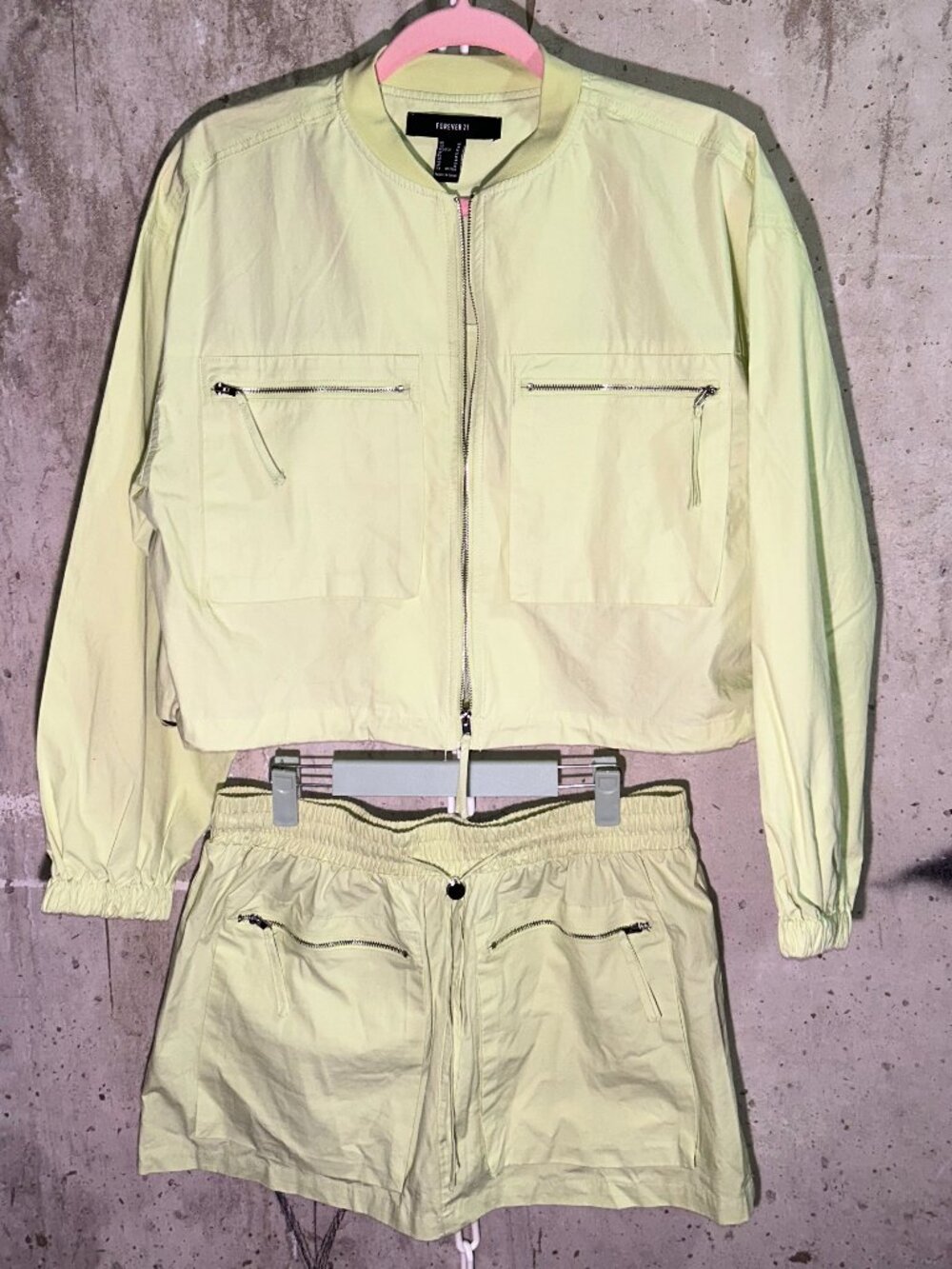 Forever 21 Lime Windbreaker Two-Piece Set — Cropped Jacket + Mini Skirt | Size M